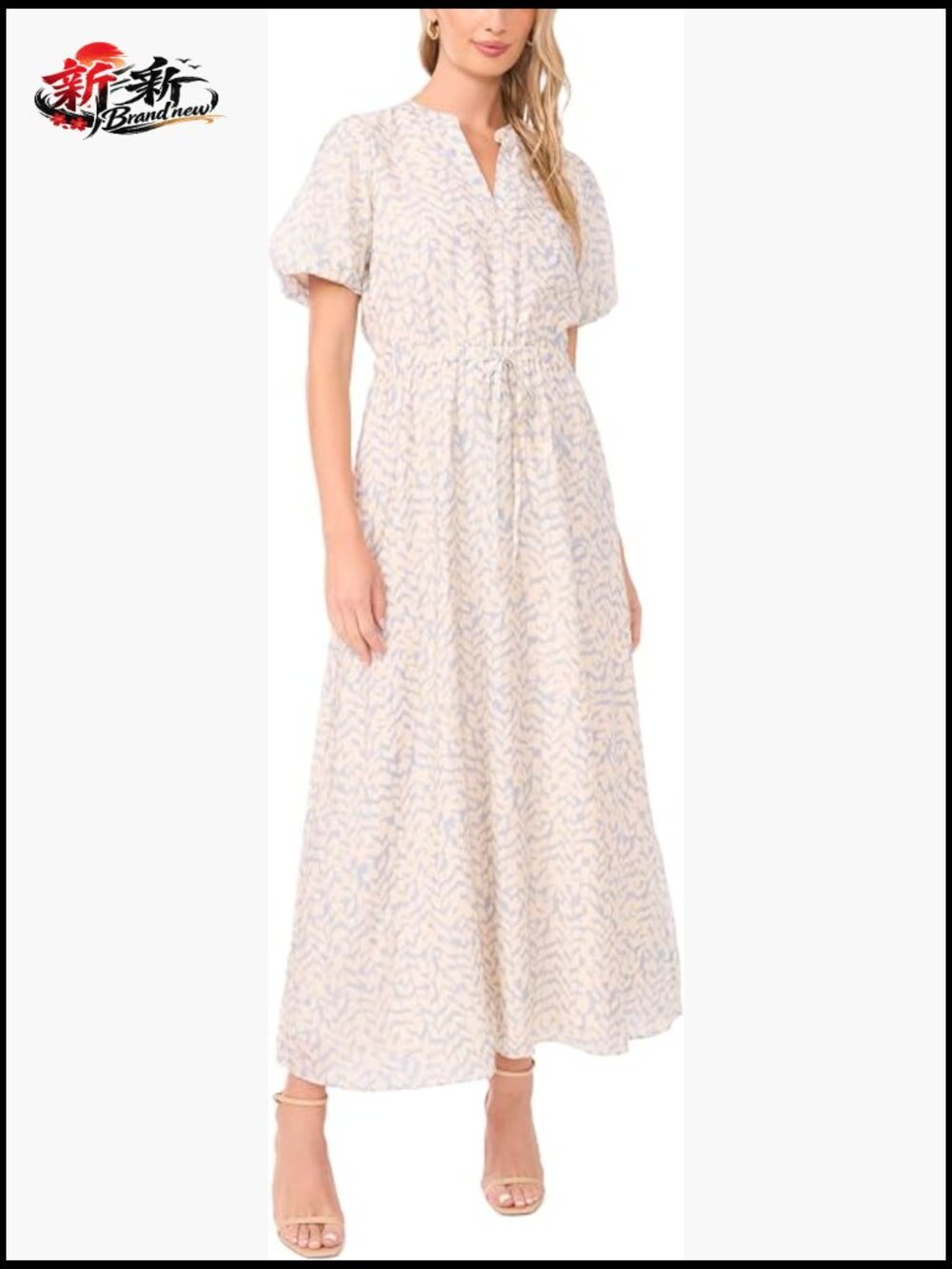 Vince Camuto Short Puff Sleeve Front Placket Maxi Dress Rayon Nylon Polka Dot